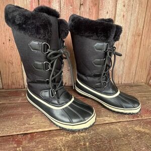 Snowy‎ 9M Black Faux Fur Snow Winter Boots Lace Up Mid High Calf Womens Sz 9